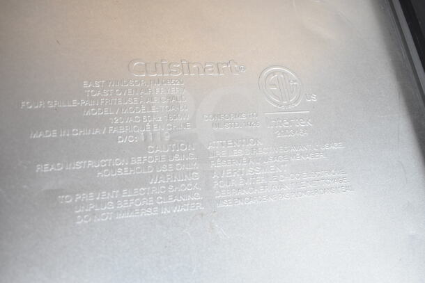 Cuisinart TOA-60 toaster oven air fryer label showing model, voltage, and safety instructions.