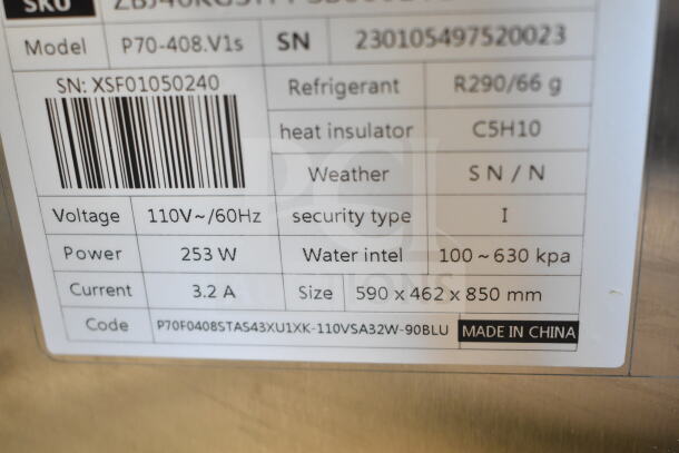2023 Vevor P70-408.V1s Ice Machine label; 110V, 253W, 3.2A, R290 refrigerant, dimensions: 590x462x850mm, Made in China.
