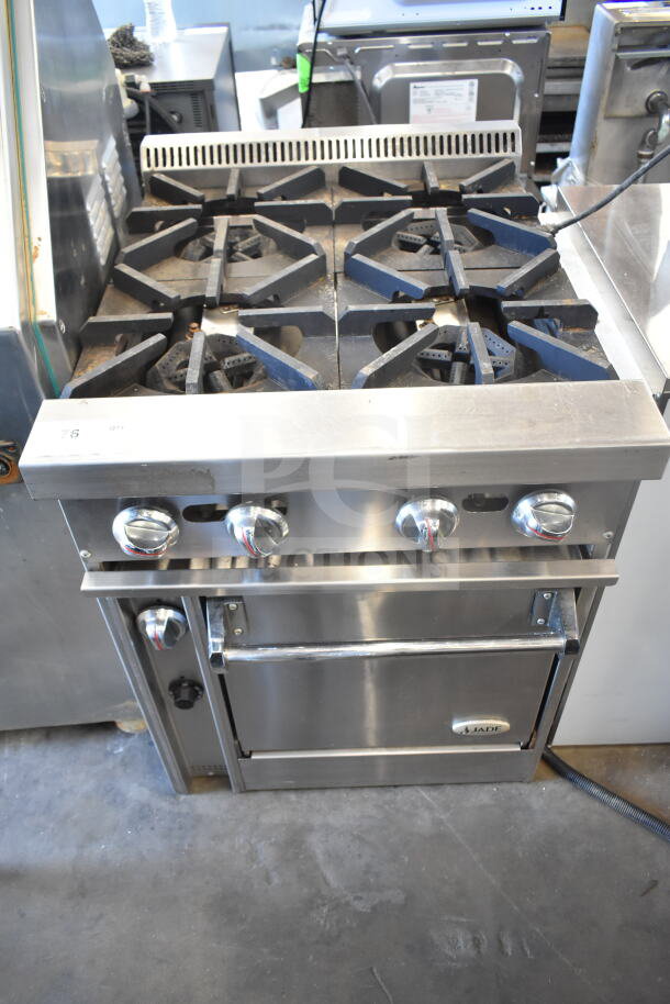 Jade Bistro 4 Burner Gas Range with Oven, commercial-grade, stainless steel, used condition, visible controls and dials.
