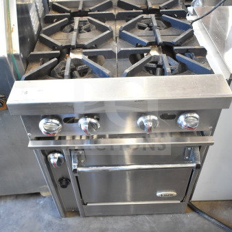 Jade Bistro 4 Burner Gas Range with Oven, commercial-grade, stainless steel, used condition, visible controls and dials.