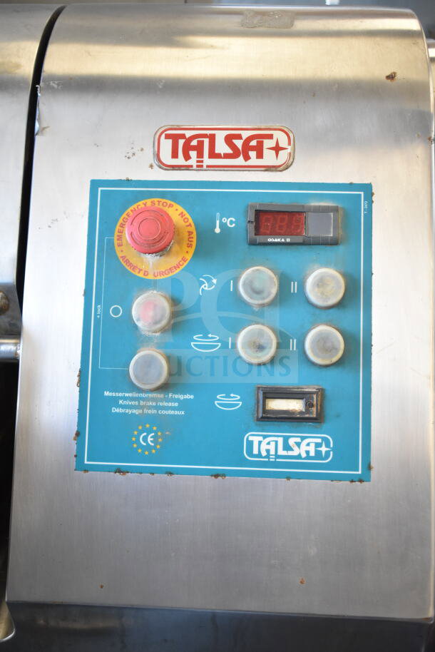 Talsa K50 commercial floor-style meat chopper bowl cutter, 220 volts, 3-phase, with control panel and emergency stop button.