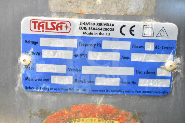 Talsa K50 meat chopper bowl cutter label, showing 220 volts, 60 Hz, 3-phase, 12/15.3 HP, manufactured in 2002, serial 224025.