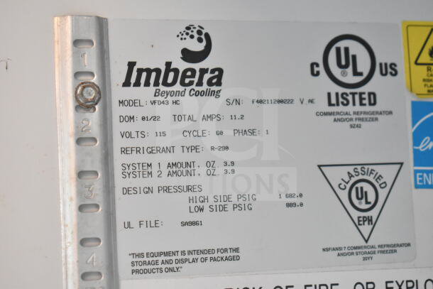 Label of Imbera VFD43 Commercial 2 Door Reach In Freezer, 115V, 1 Phase. Lists refrigerant type R-290, UL listed.