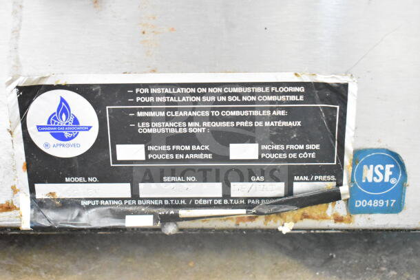 DG16V Gyro Machine label shows Canadian Gas Association approval and NSF certification. Model: DG16V. Serial: 1484.