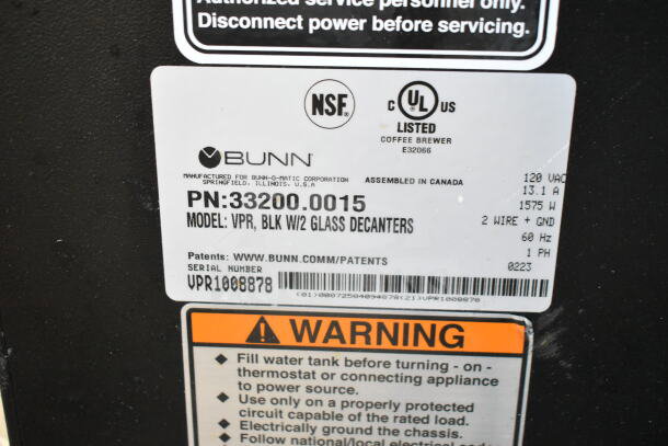 2023 Bunn VPR commercial countertop coffee machine label showing model, serial number, and safety warnings.