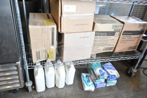 Two-tier rack with boxes of 3-in-1 multi-use cleaner, Concrobium disinfectant bottles, and blue nitrile gloves. Labels visible.