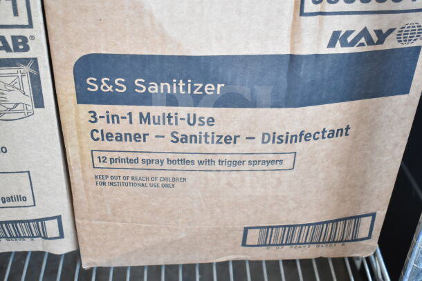 "3-in-1 Multi-Use Cleaner packaging with 12 bottles. Features cleaning, sanitizing, disinfecting. For institutional use."