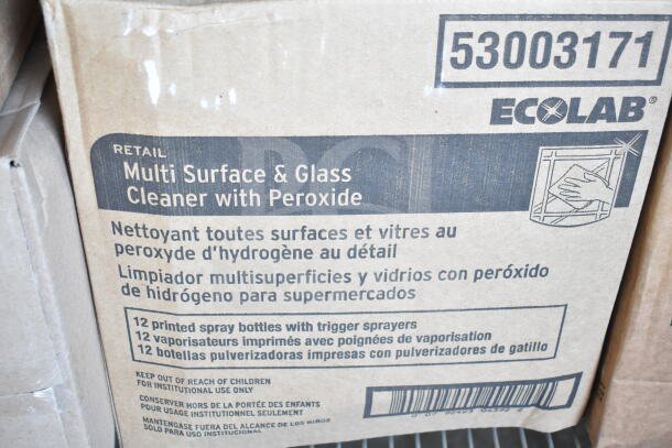 Cardboard box labeled "Ecolab Multi Surface & Glass Cleaner with Peroxide," containing 12 spray bottles with triggers.