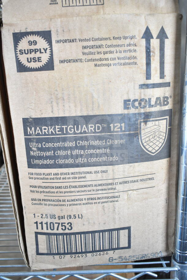 Cardboard box labeled "Ecolab Marketguard 121 Ultra Concentrated Chlorinated Cleaner," 2.5 US gal, for institutional use.