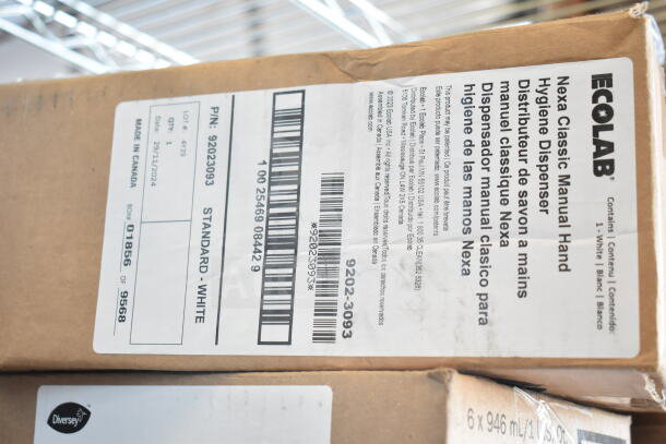 Two-tier lot with Ecolab Marketguard 121 Chlorinated Cleaner, Pro Strip SC Floor Stripper, Lime Scale Remover. Box labeled Ecolab Nexa Classic Hand Hygiene Dispenser, PIN: 92023093, Standard White, Made in Canada.