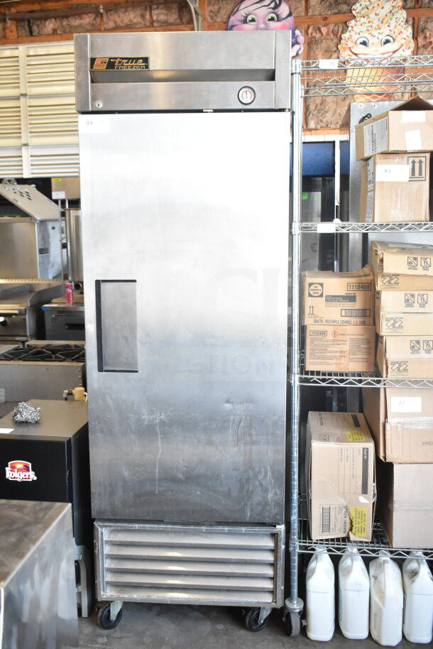 True T-23F commercial reach-in freezer on casters, single door, stainless steel, 115V, 1 phase power, visible gauge.