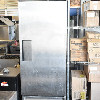 True T-23F commercial reach-in freezer on casters, single door, stainless steel, 115V, 1 phase power, visible gauge.