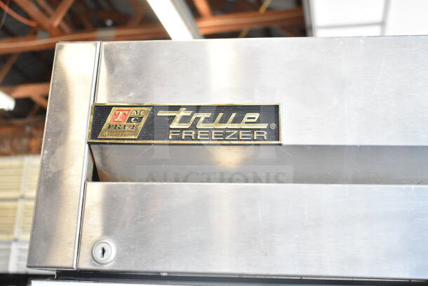 True T-23F commercial freezer on casters, stainless steel, 115V, 1 phase. Visible True logo plaque. Excellent condition.