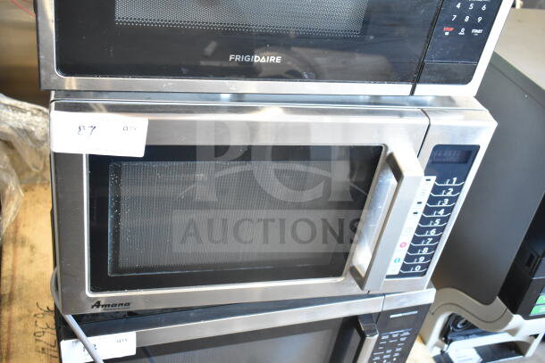 2019 Amana RCS10TS Commercial Countertop Microwave Oven, stainless steel, 120 Volts, 1 Phase, keypad controls, visible tags.