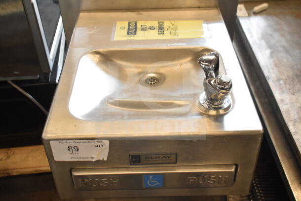 Elkay Wall Mount Water Fountain, stainless steel, out of service tag, brand label, ADA compliant push buttons.