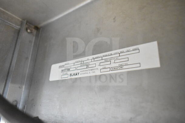 Elkay Wall Mount Water Fountain, model ERHPD8C, shown with manufacturer's label and part details.