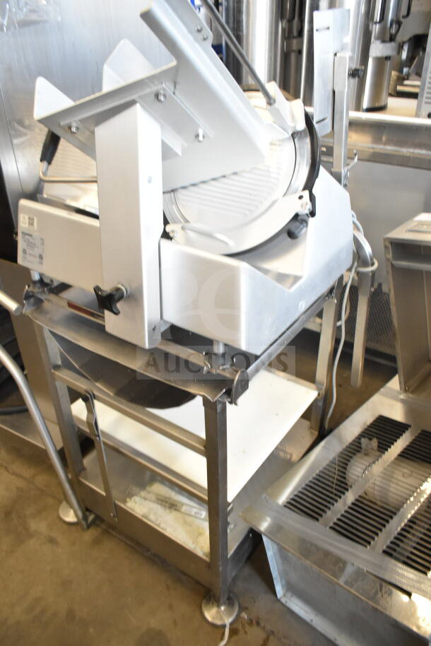Bizerba GSP V commercial meat slicer with equipment stand, 120V, 1 phase, stainless steel, used condition.
