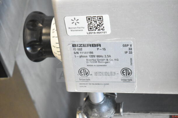Bizerba GSP V meat slicer on equipment stand, 120V, 1 phase. Features label with serial number, electrical specifications, and certifications.
