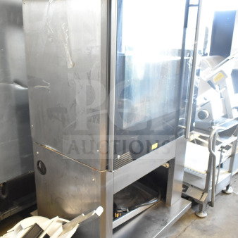 Fri-jado TDR 7-P stainless steel commercial rotisserie oven, 208V 3-phase, on casters, showing front and side view.