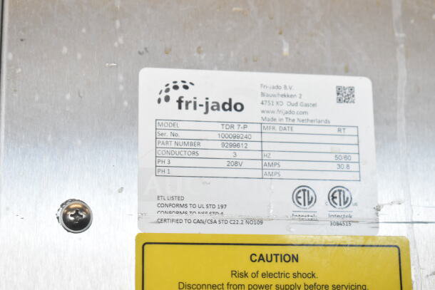 Fri-jado TDR 7-P electric rotisserie oven label showing model, serial number 100099240, 208V, 3 Phase, 30.8 Amps.