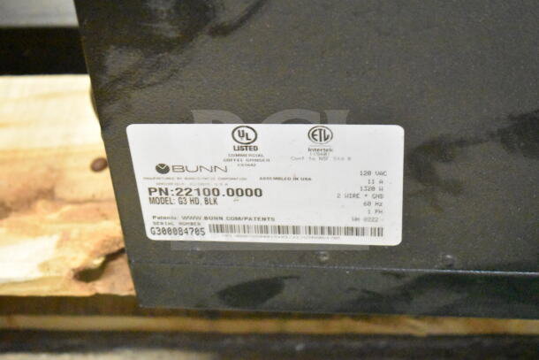 2022 Bunn G3 HD Commercial Coffee Grinder label; 120V, 1 Phase, UL and ETL listed, Serial G300084705.