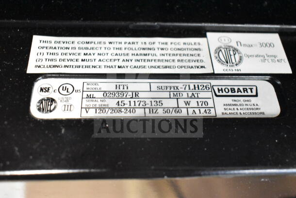 2017 Hobart HTi-LH26 commercial scale, tested and working, 120/208-240V, 1 phase. Labels detail specs and compliance.