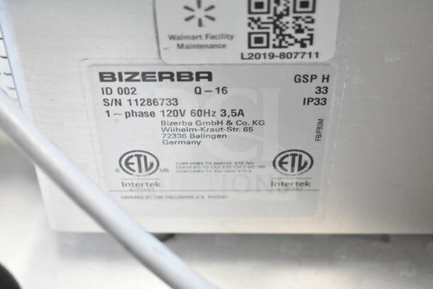 2016 Bizerba GSP H meat slicer label, 120V, 1 phase, model ID and serial number, ETL certified, made in Germany.