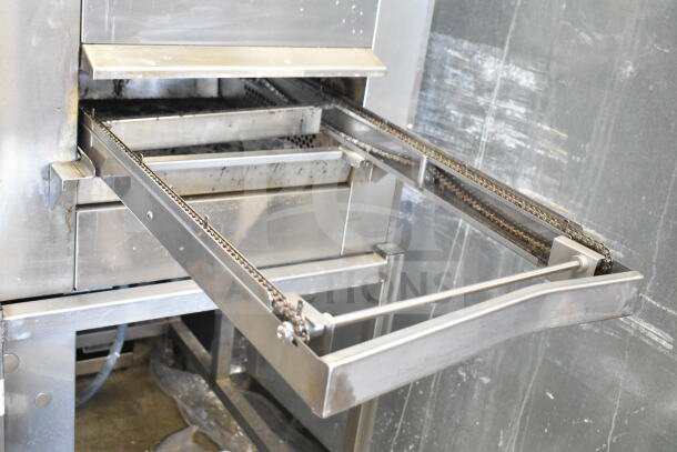 Belshaw TG50 Thermoglazing Station on casters, stainless steel, chain mechanism visible, 208V 1 Phase, commercial use.