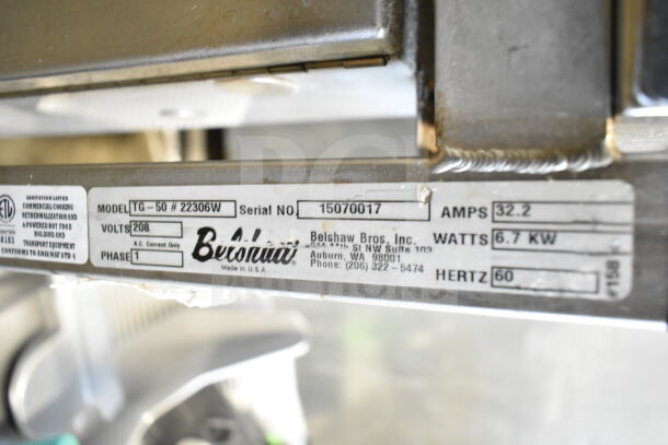 Belshaw TG50 Thermoglazing Station label showing model, serial number, voltage, and company contact details.