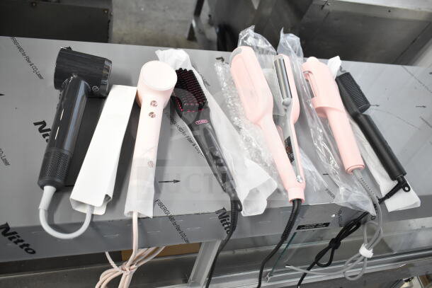 Six hair styling tools, including hair dryers and brushes, all with cut power cords; various colors and models displayed.