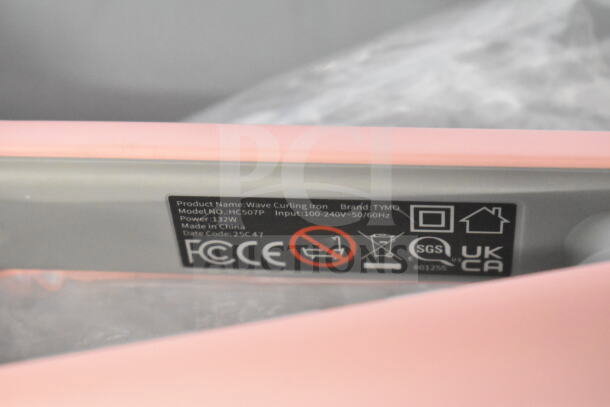 TYMO Wave Curling Iron, Model HC507P, 132W, pink. Label shows power input, made in China. Cords cut.