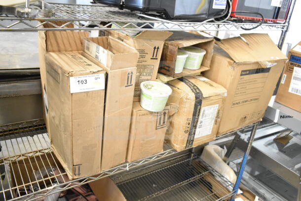 Boxes on metal shelves containing Ecolab foam hand soap and Diversey floor cleaners. Includes shipping labels and product tags.