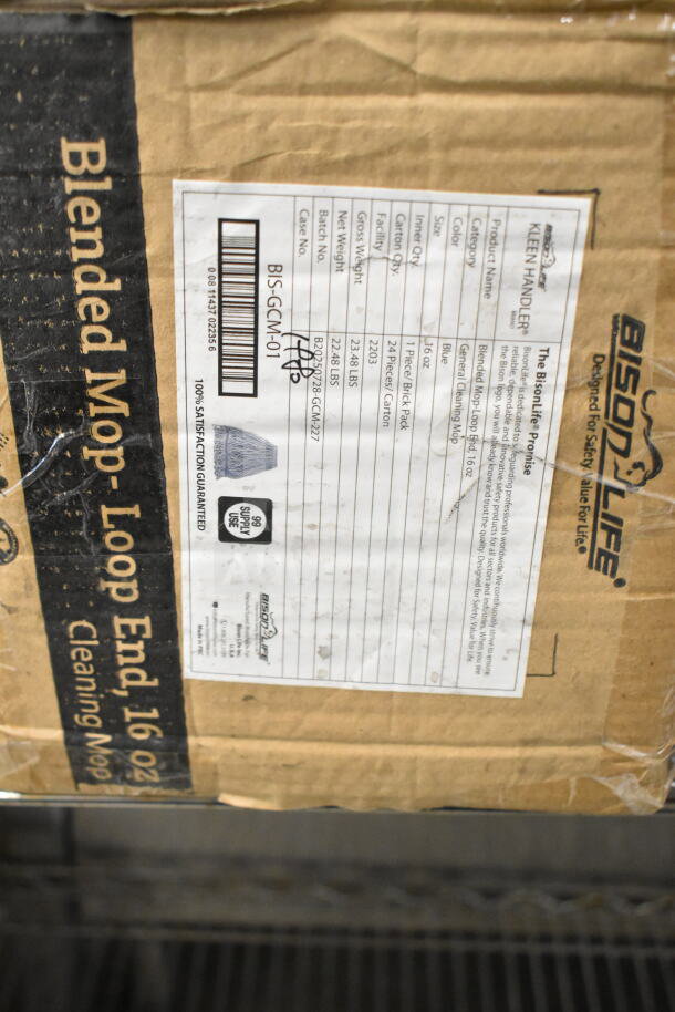 Box of Bison Life Blended Mop, Loop End, 16 oz. Label indicates size, color, weight, and packaging details.