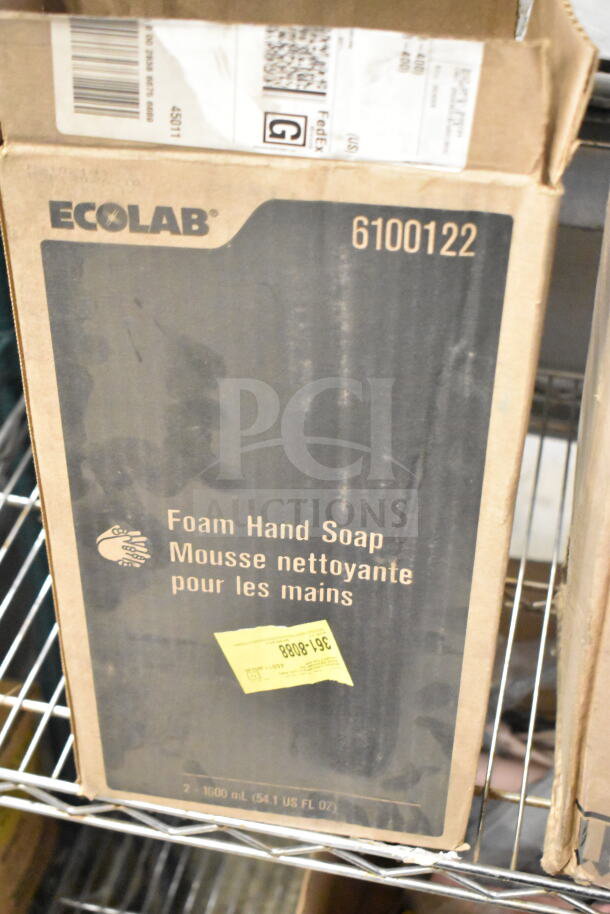Ecolab 6100122 Foam Hand Soap box, 1600 mL, visible label with product details, on metal shelf, good condition.