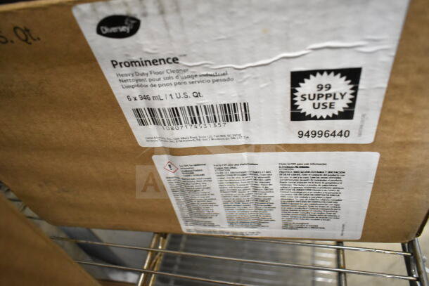 Box of Diversey Prominence Heavy Duty Floor Cleaner with visible product label, barcode, and usage instructions.