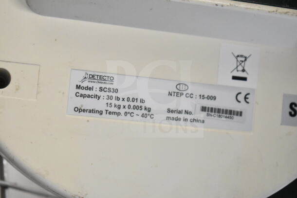 Detecto SCS30 Hanging Produce Scale, 30 lb capacity, model label visible, minor wear, with 2 metal pieces included.