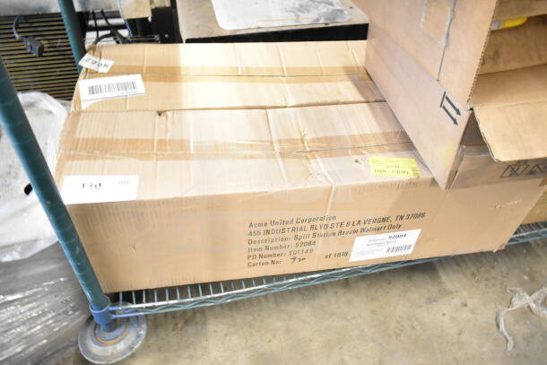 2 Acme 52084 Spill Station Brooms in box, new scratch and dent condition, carton details visible, located on warehouse cart.