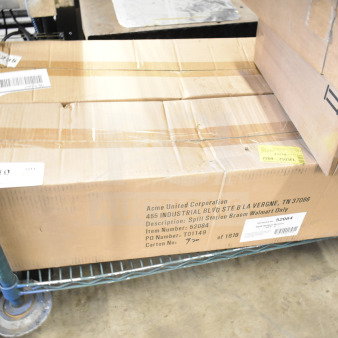 2 Acme 52084 Spill Station Brooms in box, new scratch and dent condition, carton details visible, located on warehouse cart.