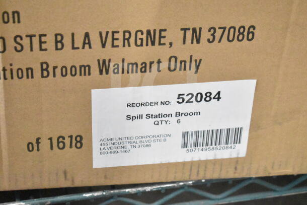 "Acme 52084 Spill Station Broom box, label showing reorder number and quantity, new condition with possible dents."
