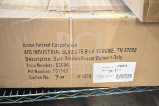 Cardboard box with Acme 52084 Spill Station Broom label, item for Walmart, new condition, carton number 970 of 1618.