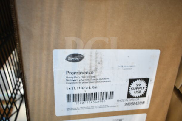Cardboard box labeled Diversey Prominence Heavy Duty Floor Cleaner, 5L jug. Box shows minor wear. Made in Canada.