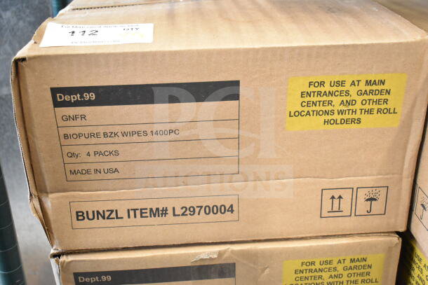 Cardboard box labeled "Dept.99 GNFR Biopure BZK Wipes 1400pc." Contains 4 packs, made in USA. Bunzl Item #L2970004.