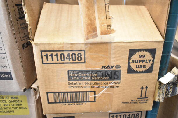Cardboard box labeled "Kay Non-Corrosive Lime Scale Remover," model 1110408, showing signs of minor wear.