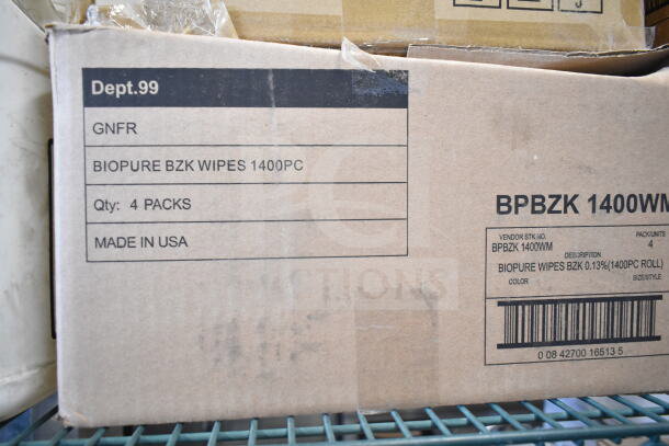 Box of Biopure BZK Wipes, 1400 pieces, brand new. Labeled "Made in USA," containing 4 packs. Perfect for bulk buyers.