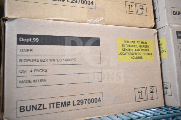 Boxes of Biopure BZK Wipes, 1400 pieces, 4 packs per box. Labeled for use at entrances and garden centers. Made in USA.