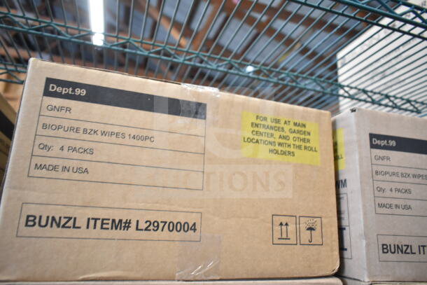 Cardboard boxes labeled "Biopure BZK Wipes 1400PC, Made in USA." Includes Bunzl Item# L2970004 and storage instructions.