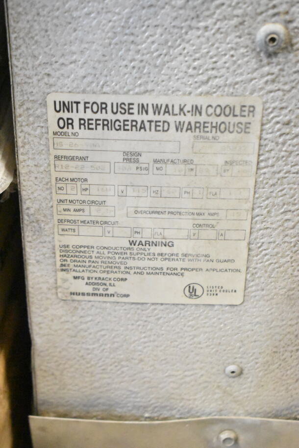 Bohn HS-26-90A Evaporator Fan, 115V, 1 Phase. Metal casing with specification label for use in coolers or refrigerated warehouses.