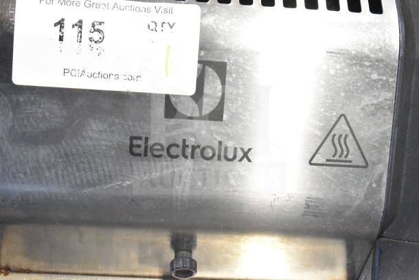 Electrolux HSPP3RPRS Panini Press, commercial countertop model, 208V, 1 phase, stainless steel, visible logo and warning symbol.