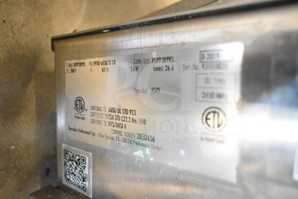 Electrolux HSPP3RPRS Panini Press label, showing model, voltage, and compliance details. 208V, 1 phase, 5kW, 26A.