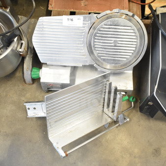 Primo Commercial Countertop Meat Slicer, missing arm, 115 volts, 1 phase. Visible use and wear. Auction tag attached.